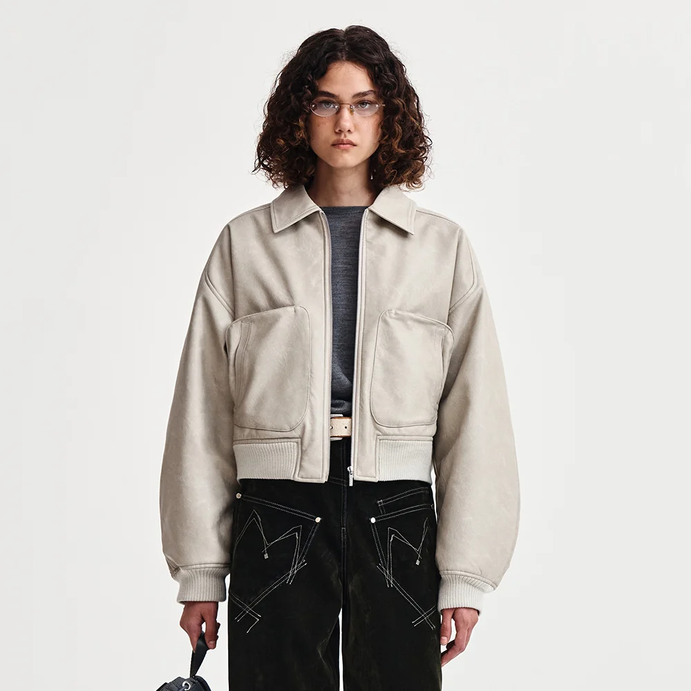 FAUX LEATHER OUT POCKET JUMPER IN LIGHT GREY