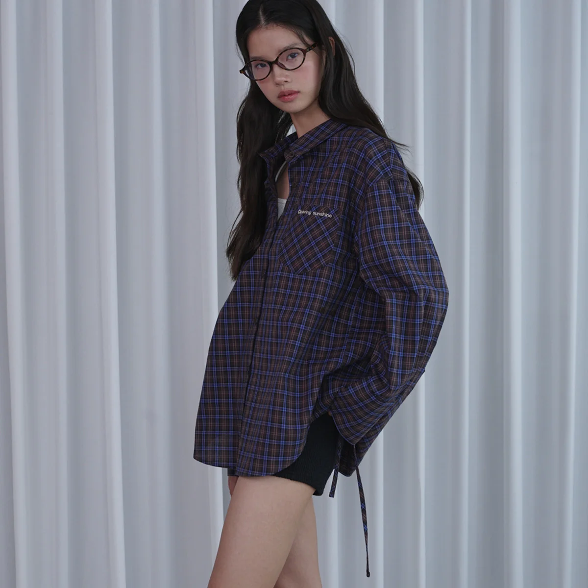 Ribbon Detailed Over-fit Cotton Shirt_Check Blue
