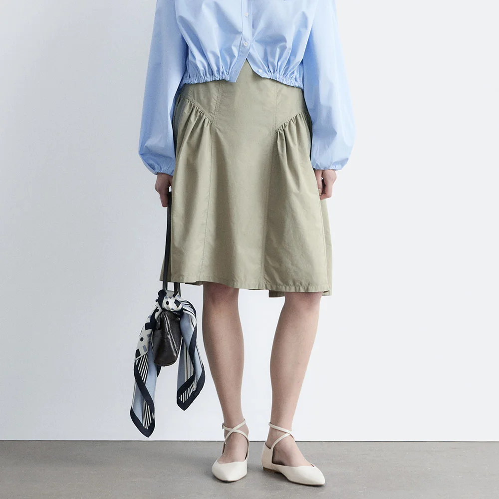 泡泡 A 線條 中長 半身裙 (Light Khaki Green)