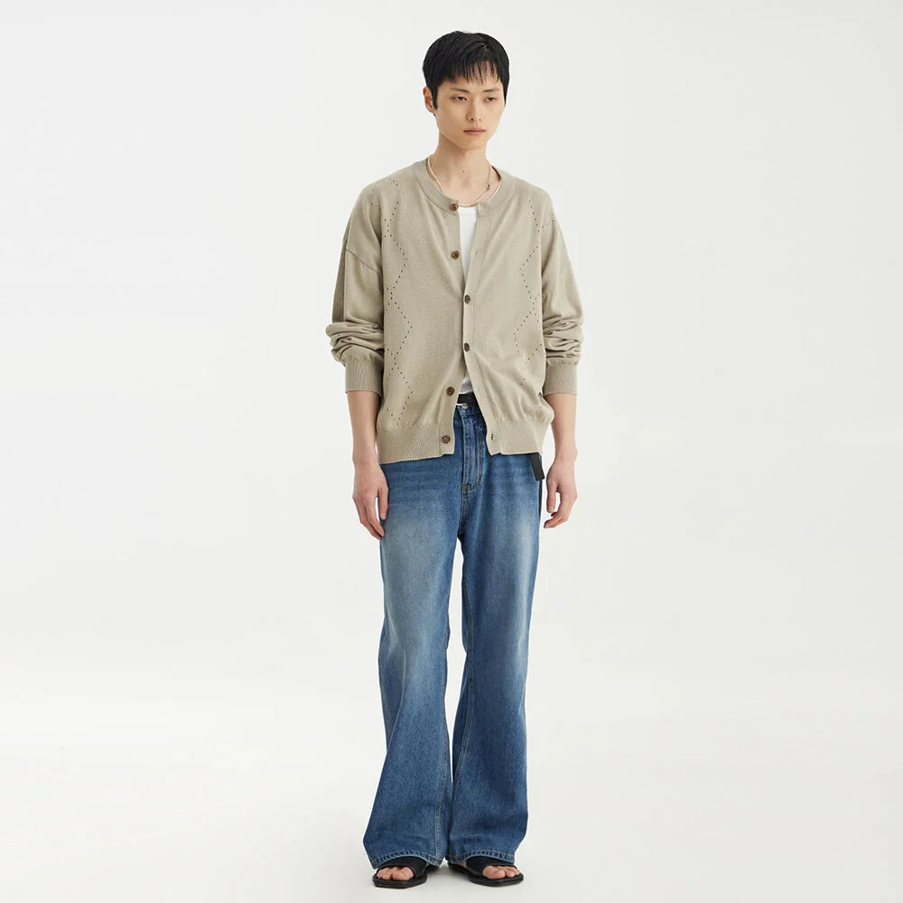 Argyle Punching Knit Cardigan - Beige