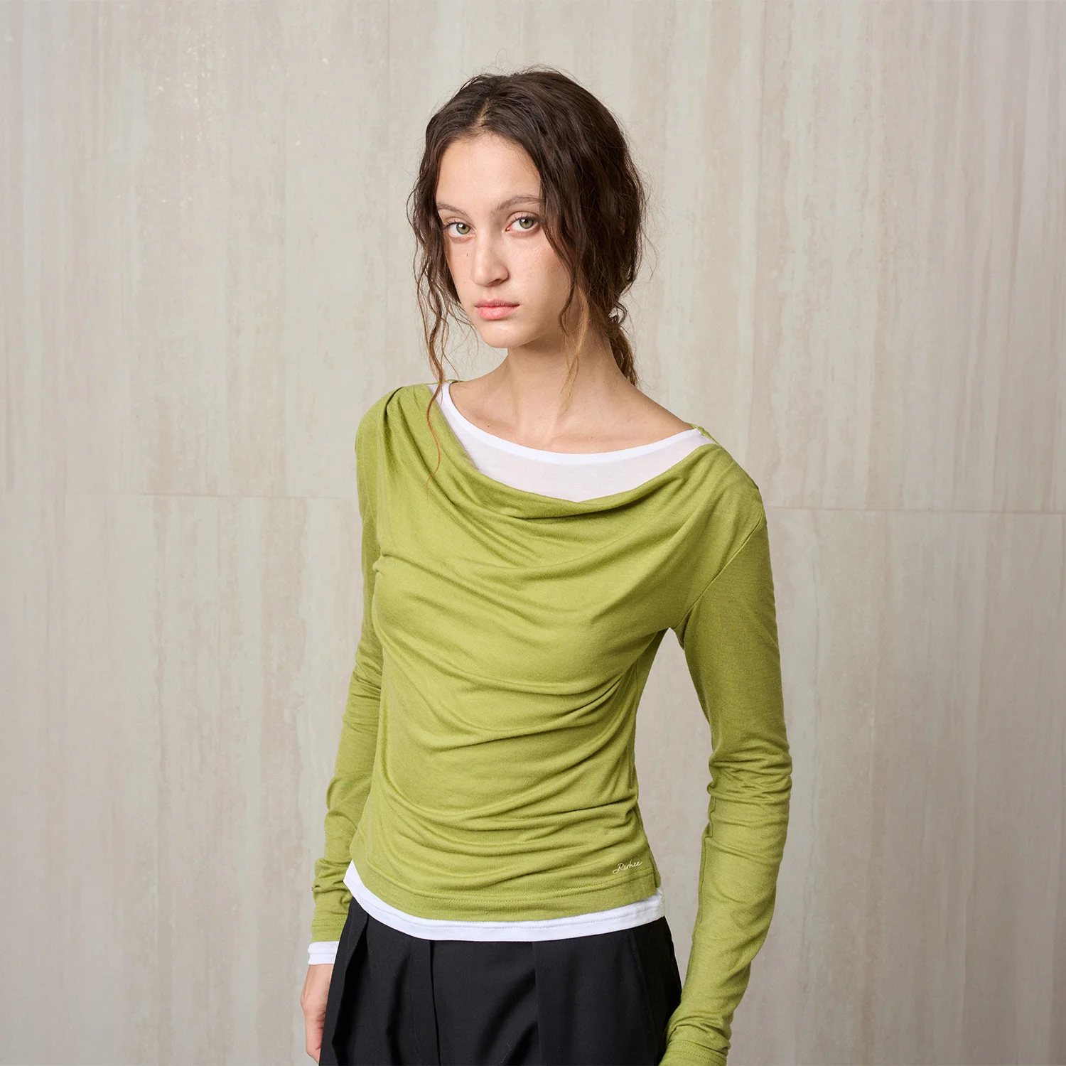 WOOL JERSEY LAYERED TOP OLIVE