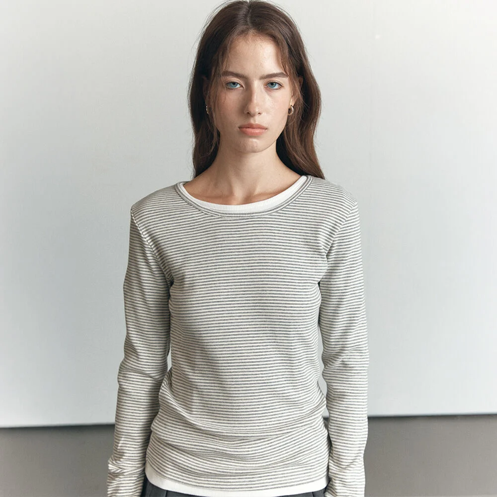 Soft ribbed basic longsleeve T-shirt _Gray stripe