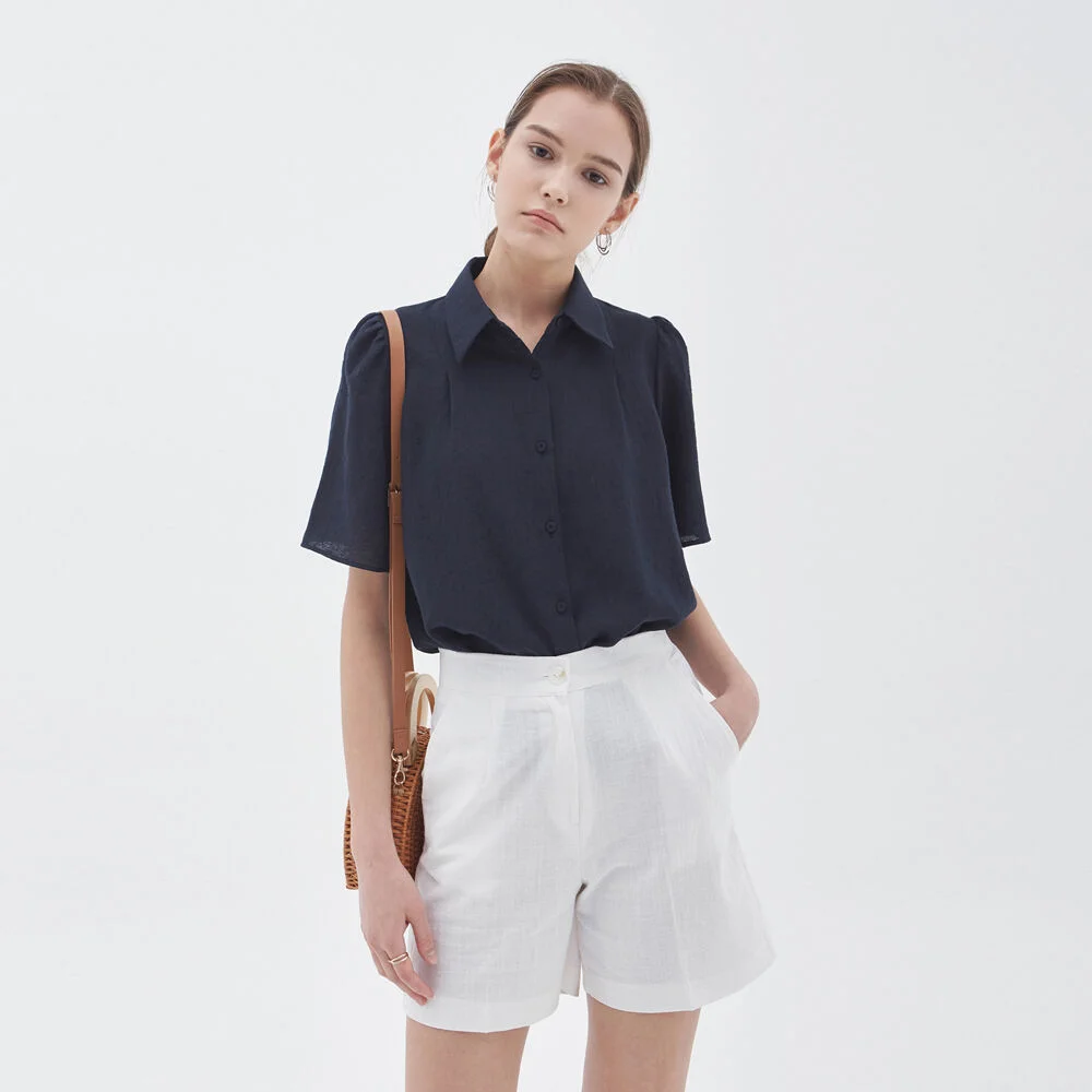 PUFF SHIRRING LINEN BLOUSE_NAVY