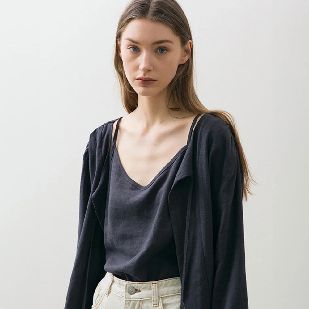 Linen Shirring Cardigan - Deep Grey