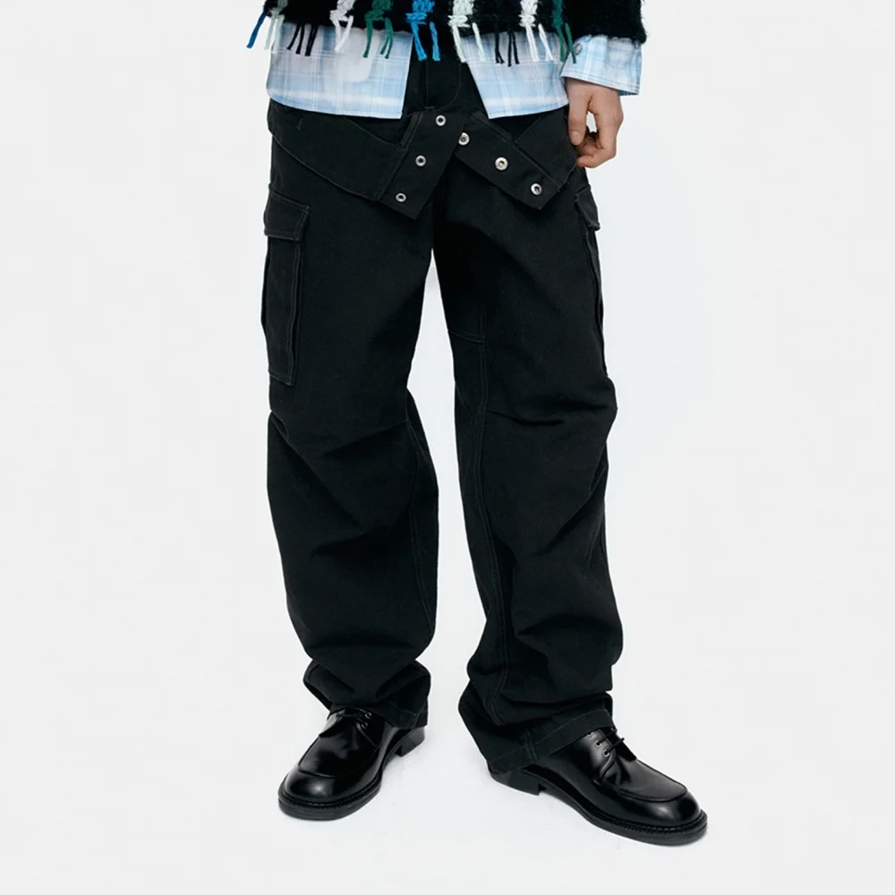 UNISEX DOUBLE WAIST WORK WIDE-LEG JEANS apa834u(BLACK)