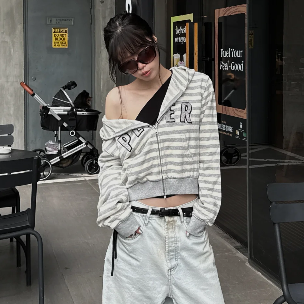 (W) PETER APPLIQUE STRIPE ZIP HOODIE - IVORY