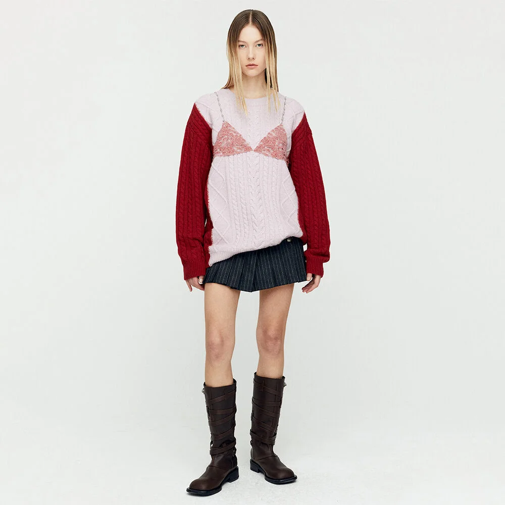 LACE LINGERIE BOYFRIEND-FIT KNIT atb1183w(PINK)
