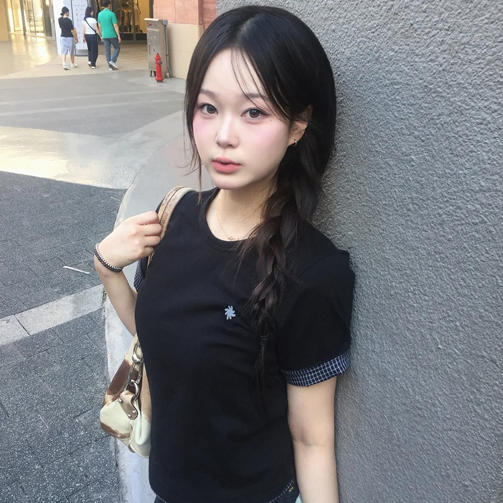 層次 格紋 捲袖 T恤_黑色