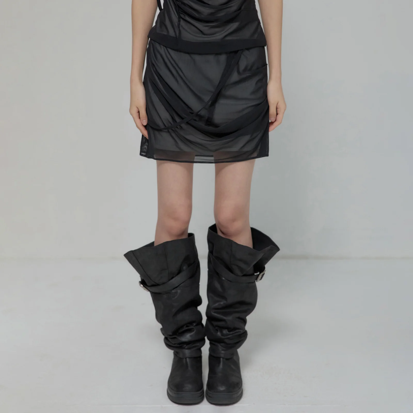 Draped Mesh Layered Mini Skirt (FL-265_Black)