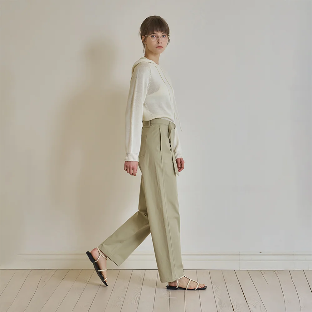 Belt wide pants (Beige)