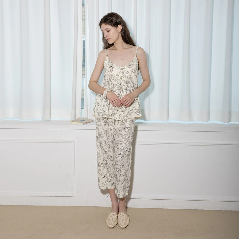 MJ_Green plants two-peice pajamas set_IVORY