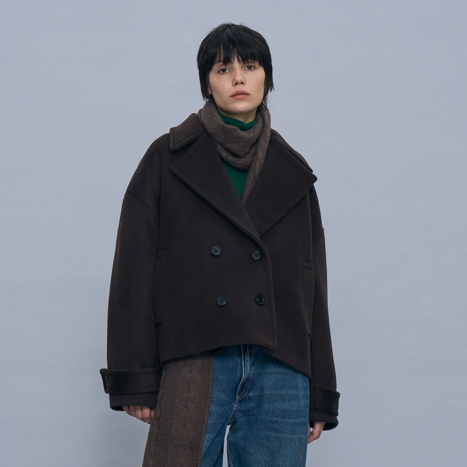 WOOL BLENDED PEA COAT_BROWN