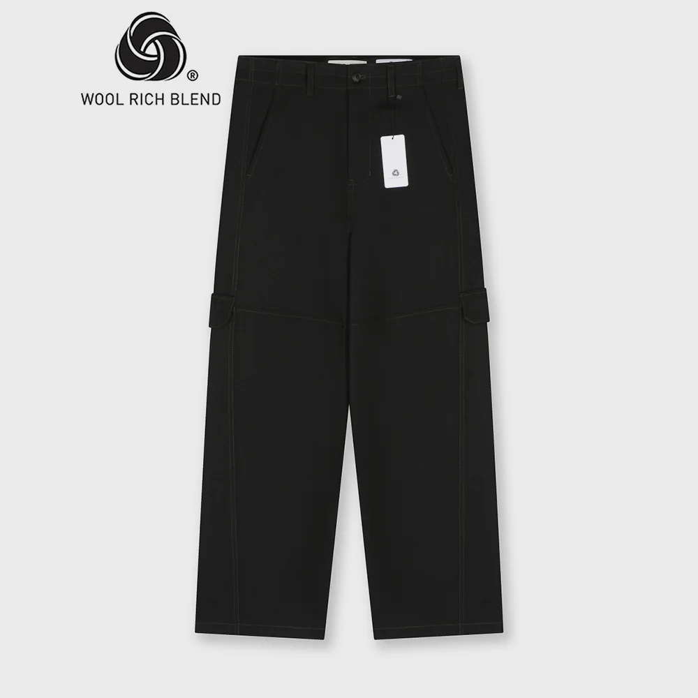 WOOL BLENDED TWIST SEAM CARGO PANTS BLACK