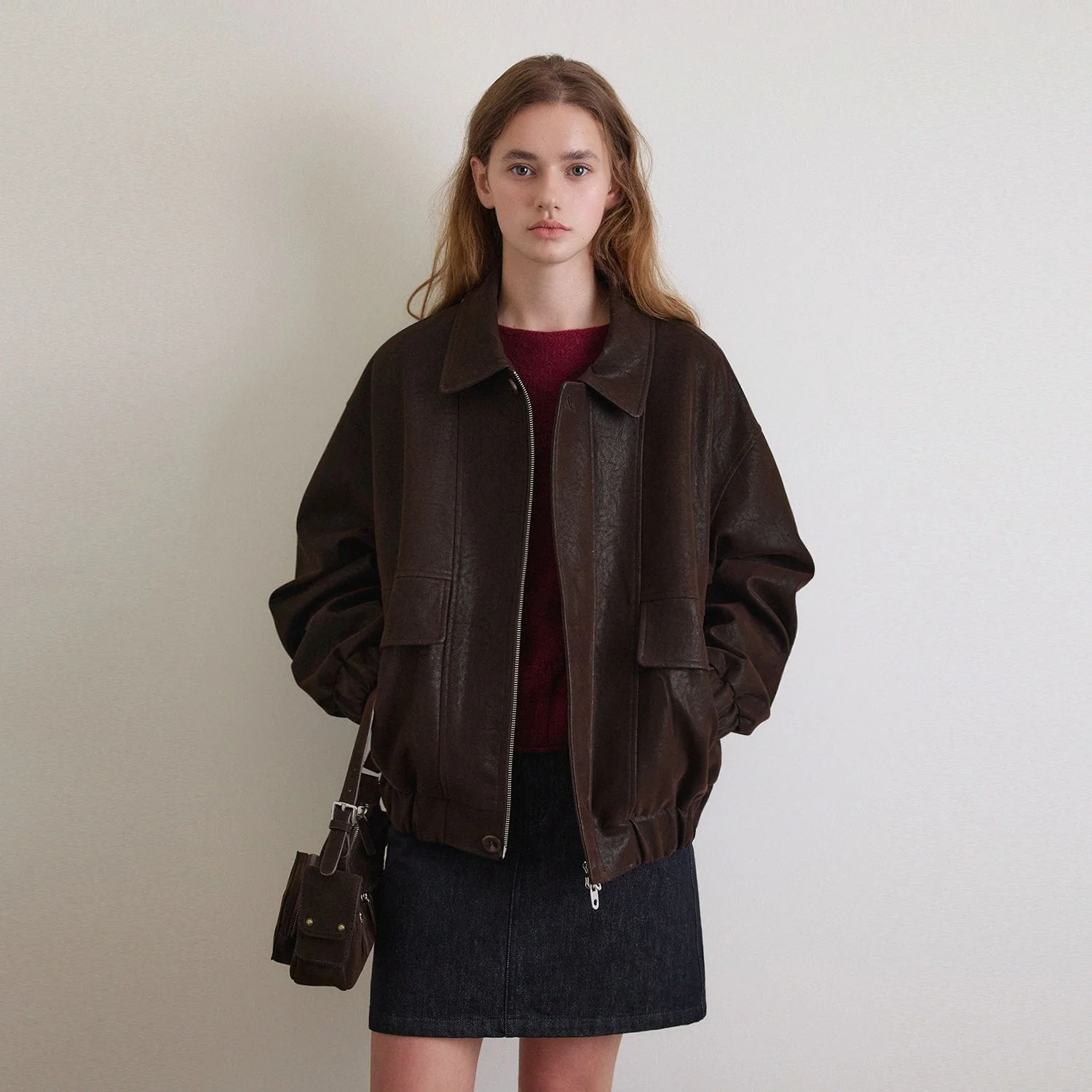 寬鬆版型 口袋 皮革 短身外套_Subtle Brown