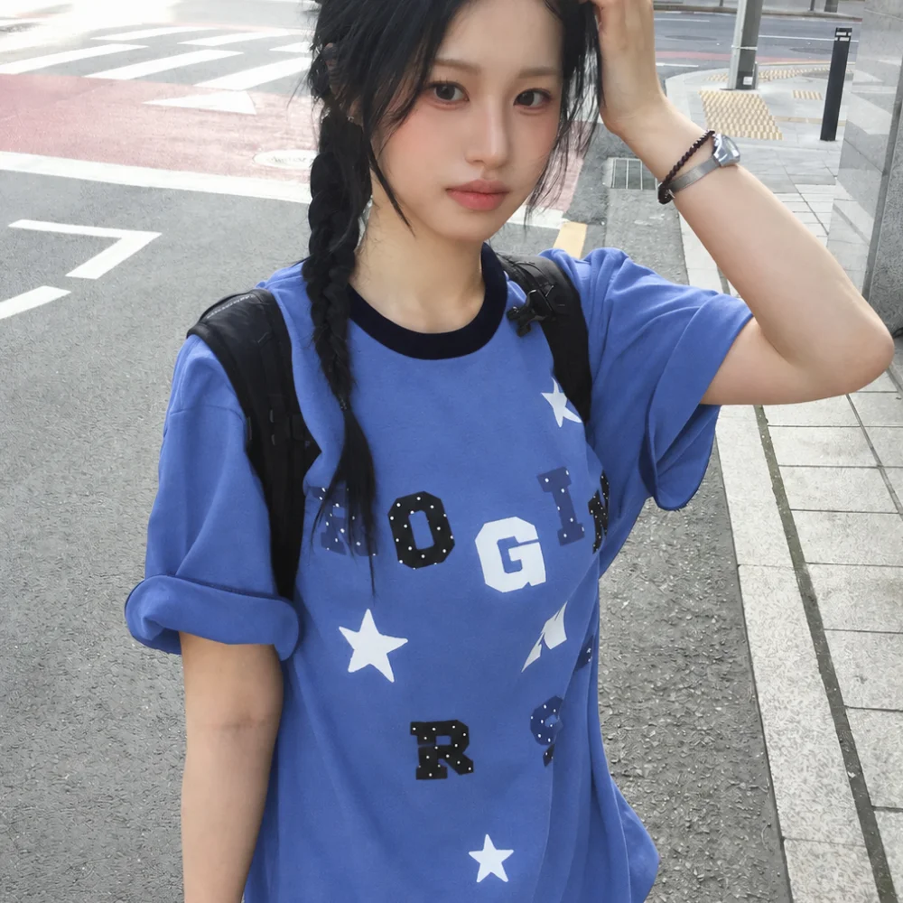 Logo Spell Point Starry Ringer T-shirt Blue