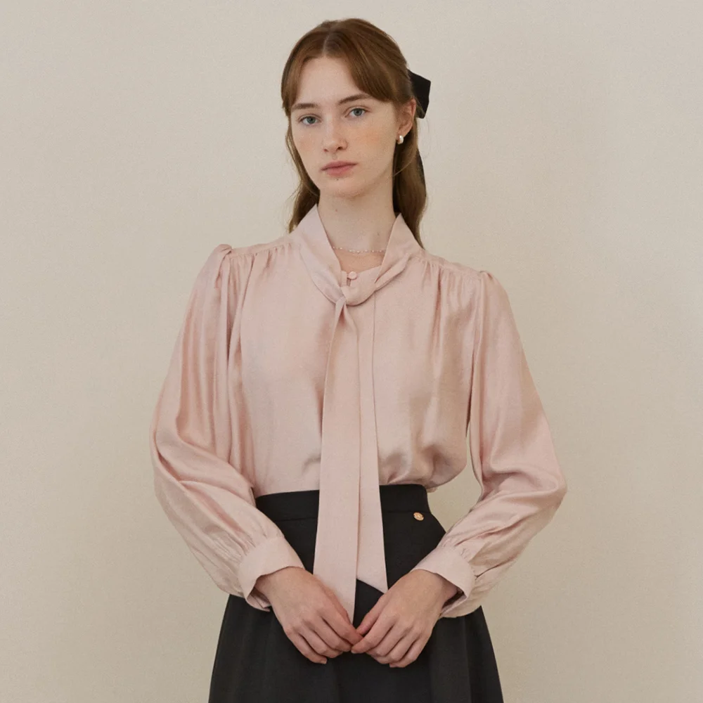 Scarf neck shirring blouse - softpink