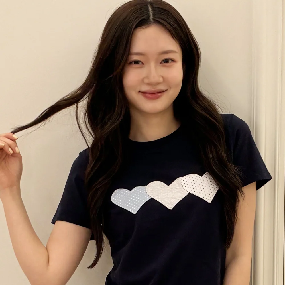 Silver Dot Heart Patch Cotton T-shirt Navy