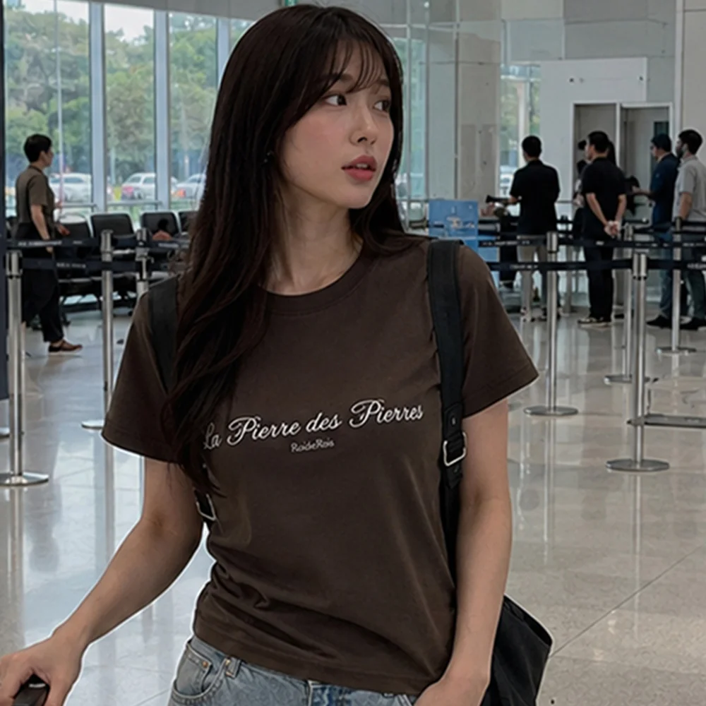 La Pierre 字母印花 女裝 短袖T恤 (卡其色)