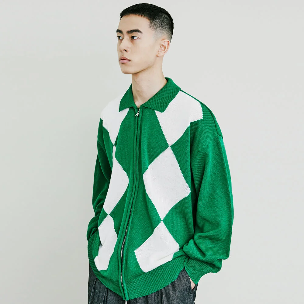 菱格紋 2Way 拉鏈 Polo 開襟外套 綠色