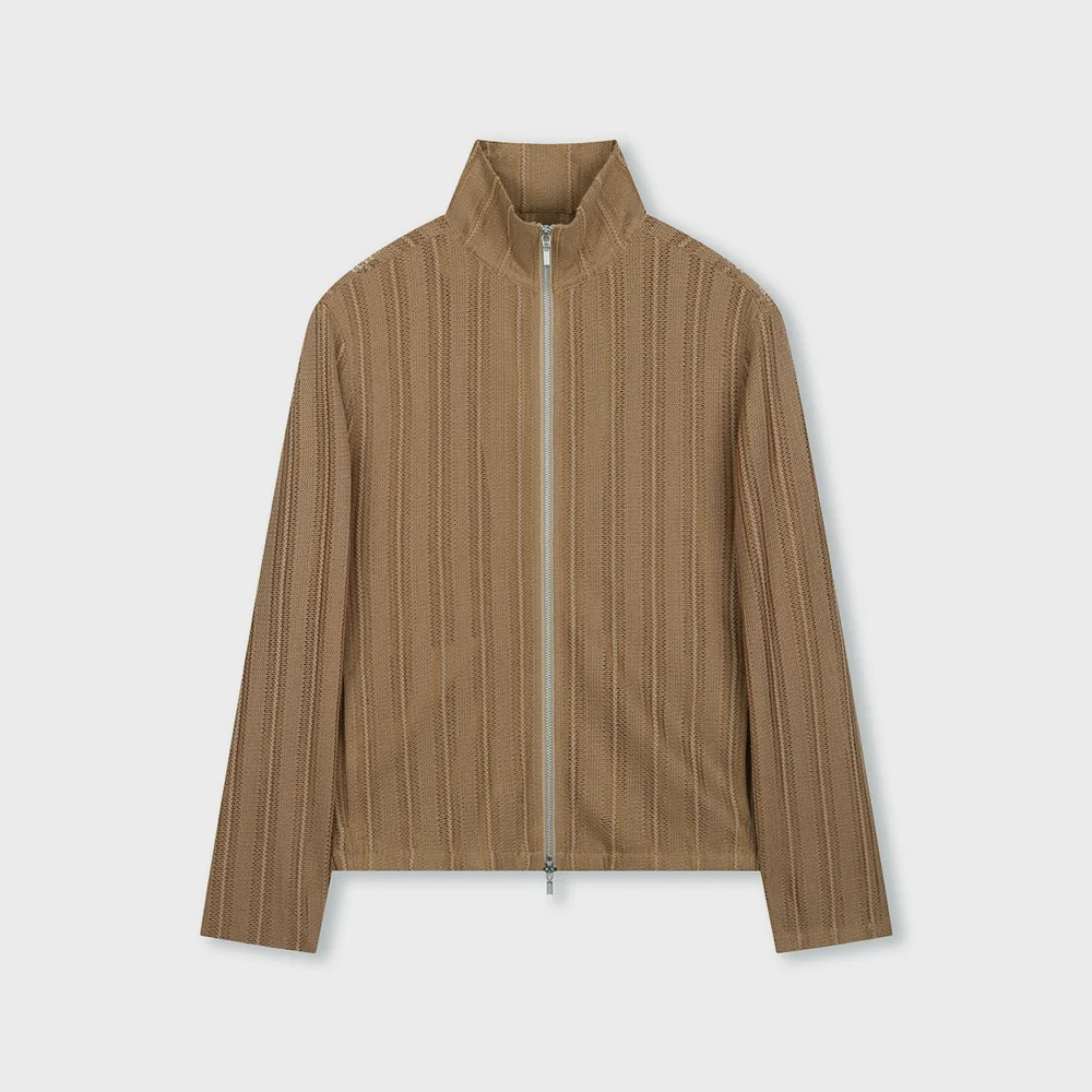 SEE-THROUGH JACQUARD HIGH NECK ZIP-UP BEIGE