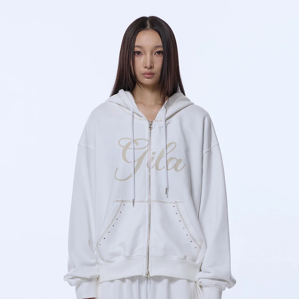 STITCHED SMALL LOGO HOOD ZIP-UP_WHITE