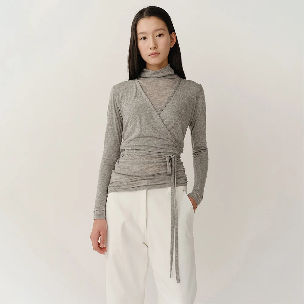 Wool Jersey Turtleneck Melange Gray