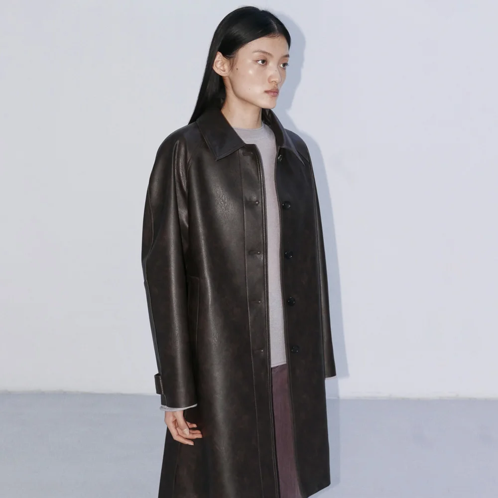 OVERFIT SINGLE LEATHER COAT - BROWN