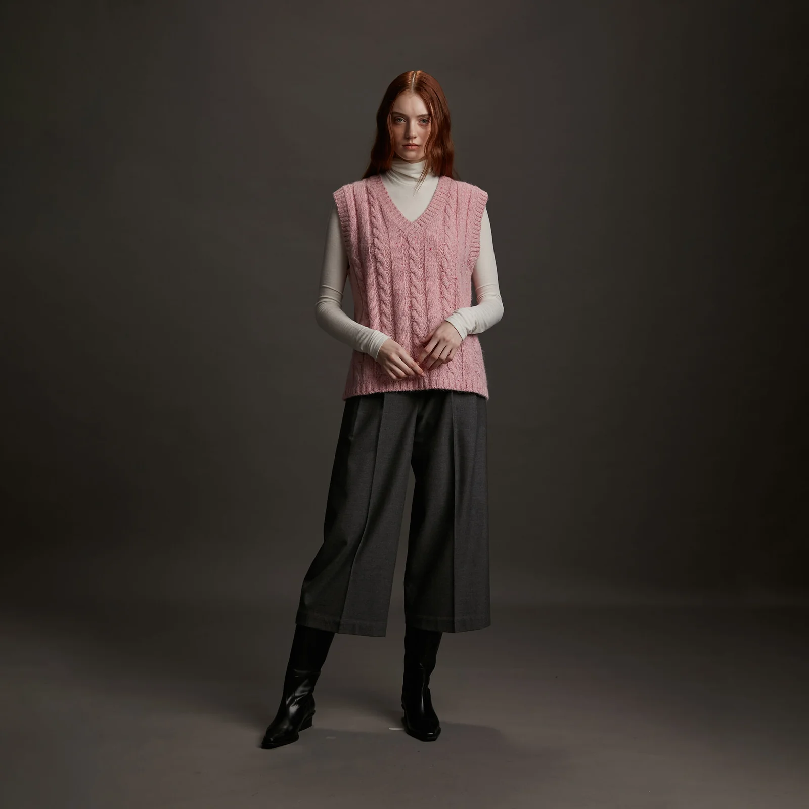 Vest Cable Wool Alpaca Blend Melange Pink