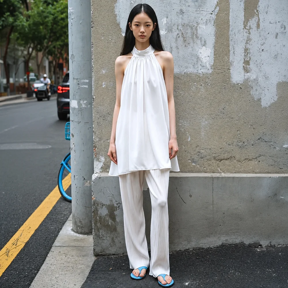 Halter Neck Shirring Asymmetric Mini Dress White