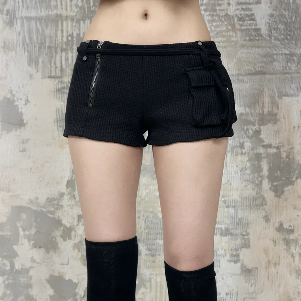 Waffle Zipper Hot Pants (Black)