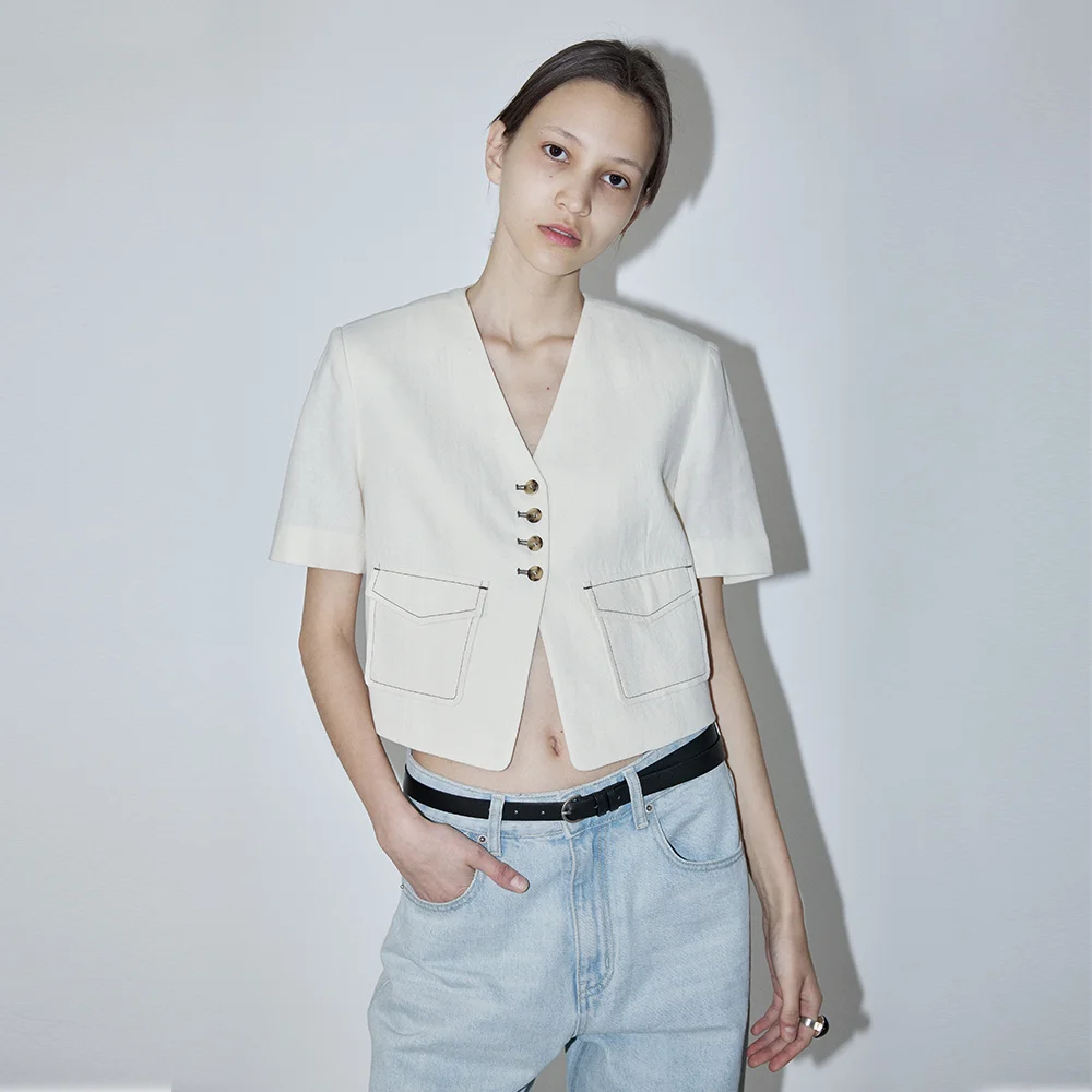 SINGLE STITCH DETAILED CROP JACKET - CREAM
