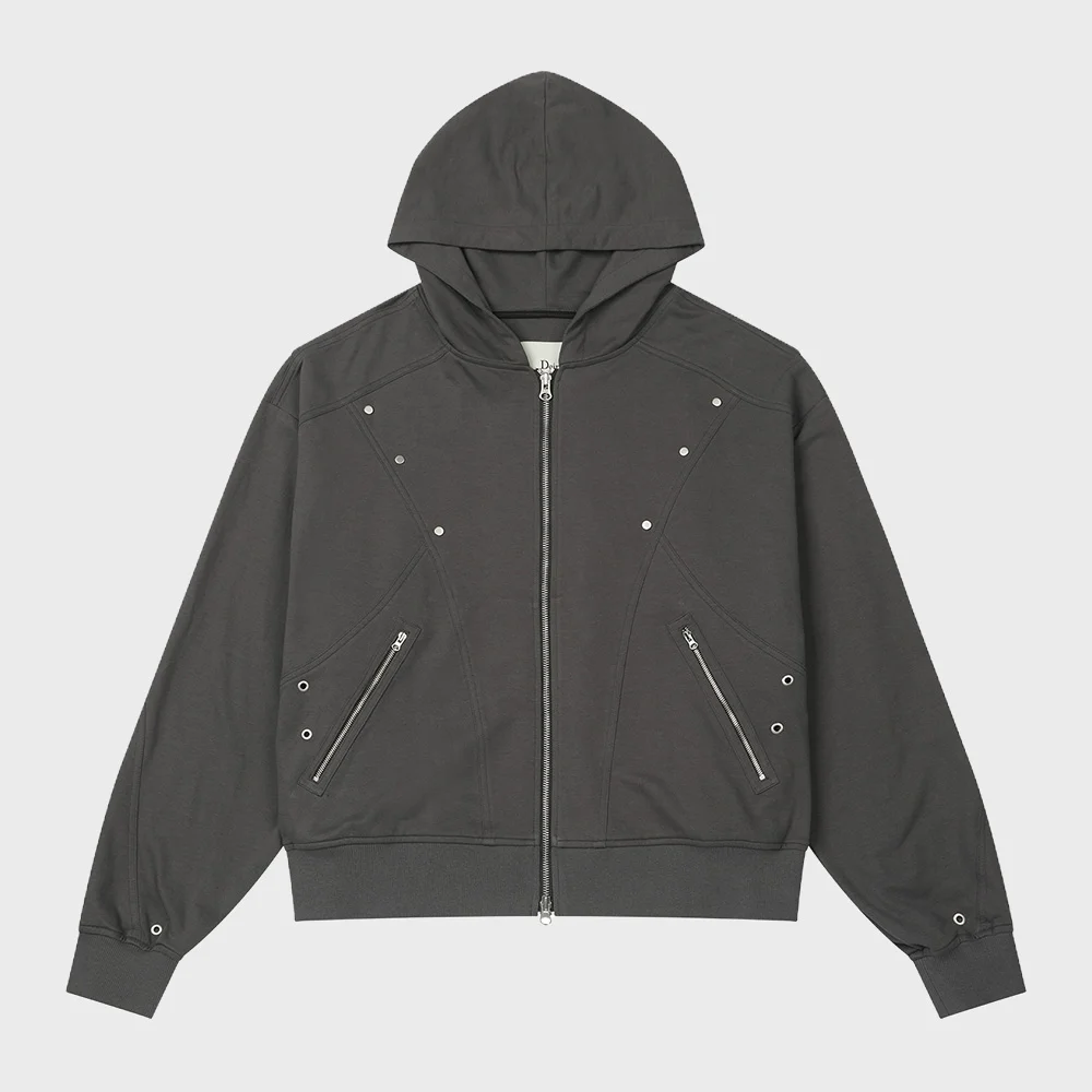 METAL DETAIL HOOD ZIP UP IN CHARCOAL