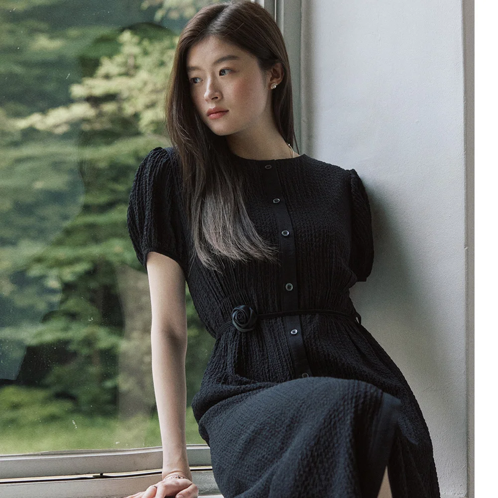Seersucker half shirring long dress - black