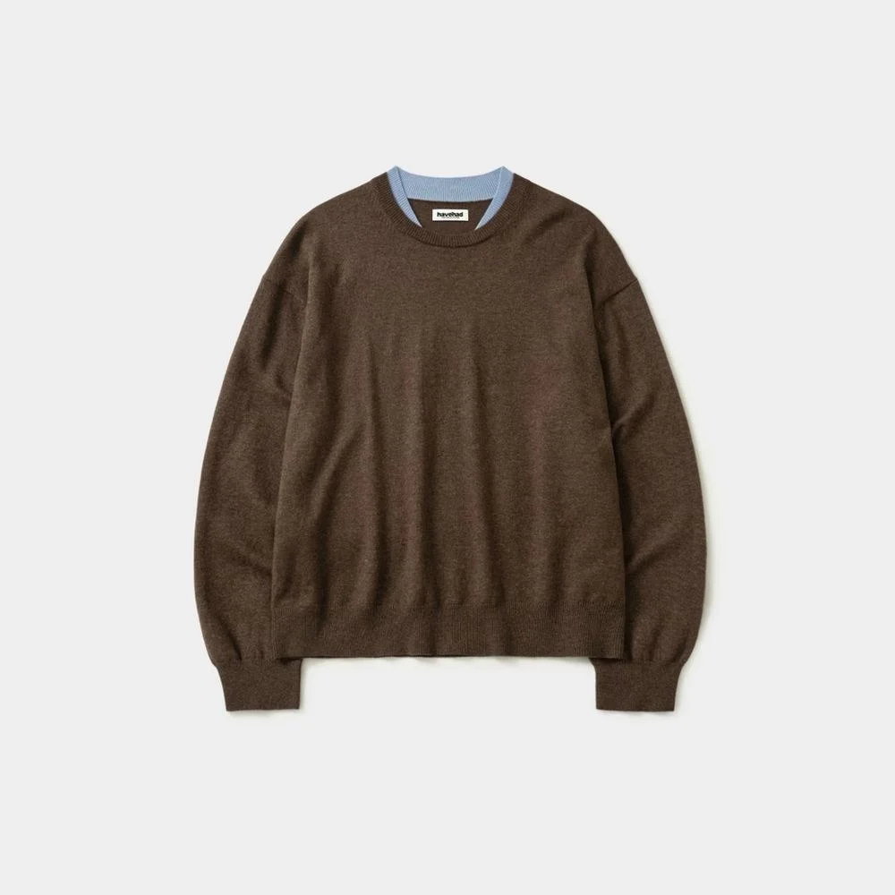 Layered Wool Crew Knit (Brown-Light Blue)