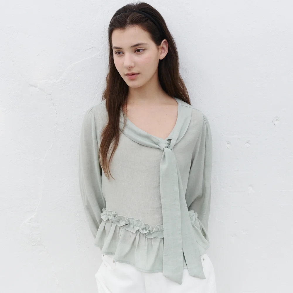 HESED SHIRRING SCARF BLOUSE_FOG GREEN