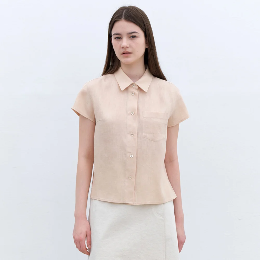 linen short sleeve shirt-peach beige