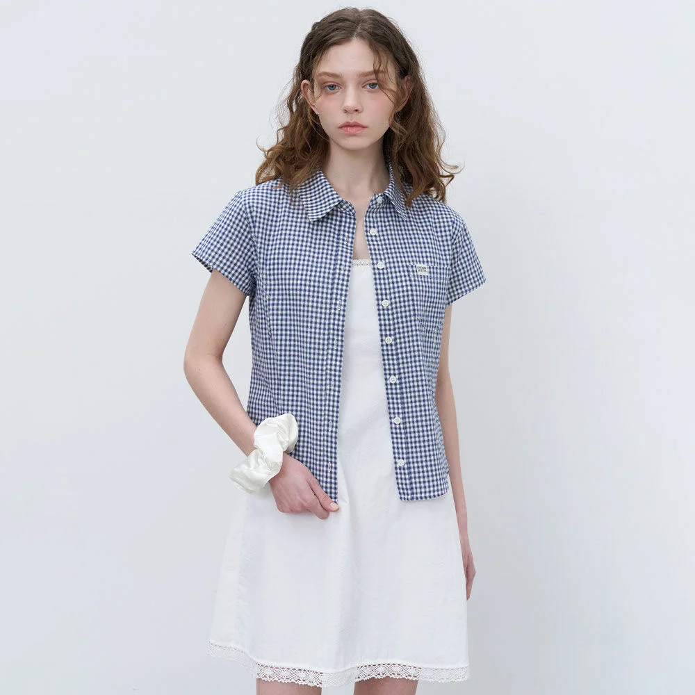 Gingham check half shirt _Navy