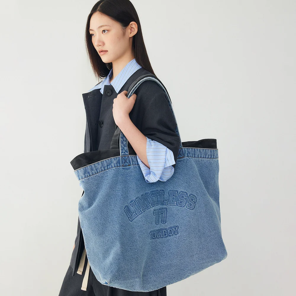 牛仔 壓紋 印花 單肩袋_靛藍_9176470988