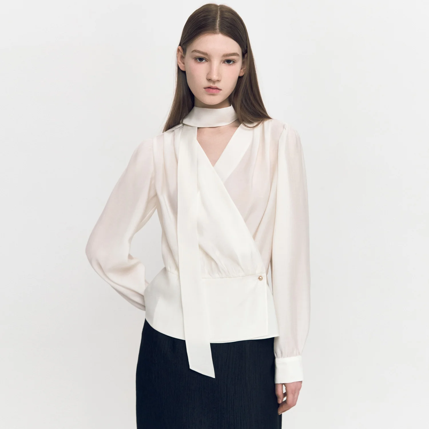 Diagonal Wrap Tie Blouse IVORY