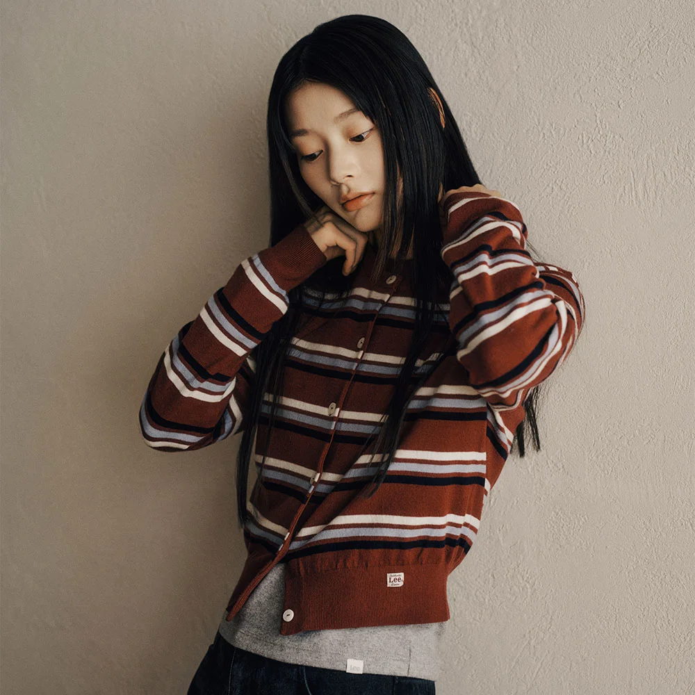 女裝 條紋 圓領 開襟外套 酒紅色
