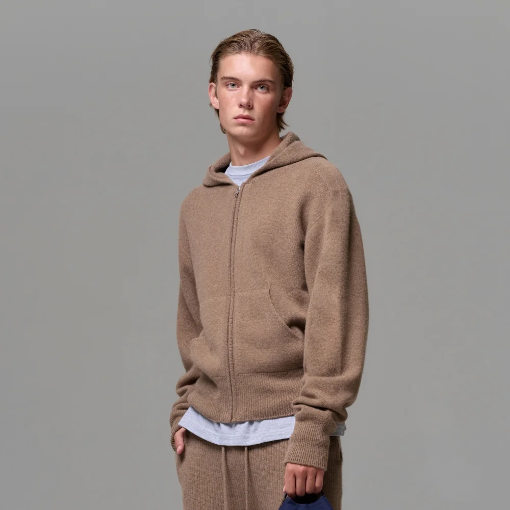 MEN CASHMERE BLEND ZIP KNIT HOODIE - NEUTRAL BROWN
