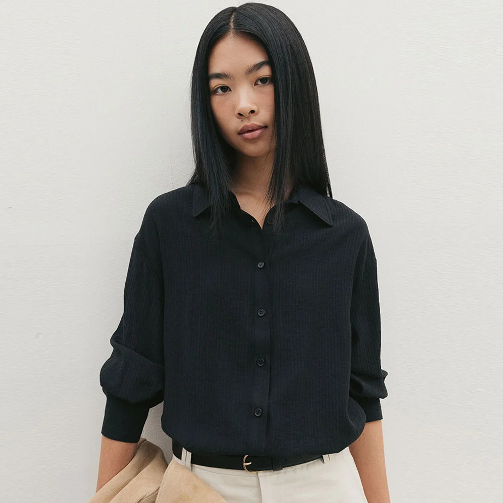 Wrinkle Button Wrap Shirts(Black)