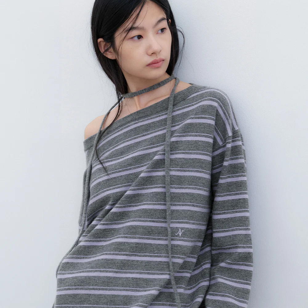 (T-7303)OFF-SHOULDER STRING LOOSE FIT STRIPED KNIT