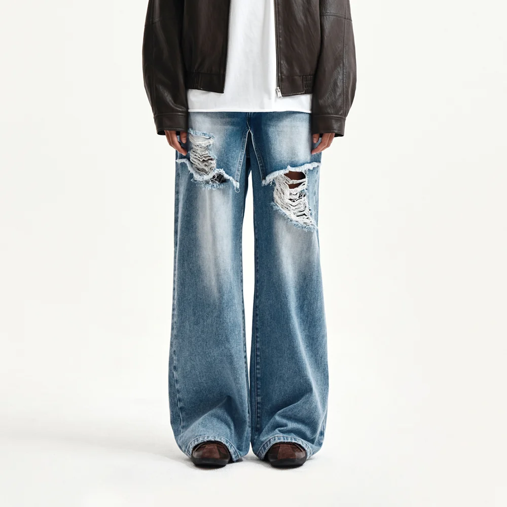 FRONT LAYERED DISTRESSED DENIM PANTS IN BLUE
