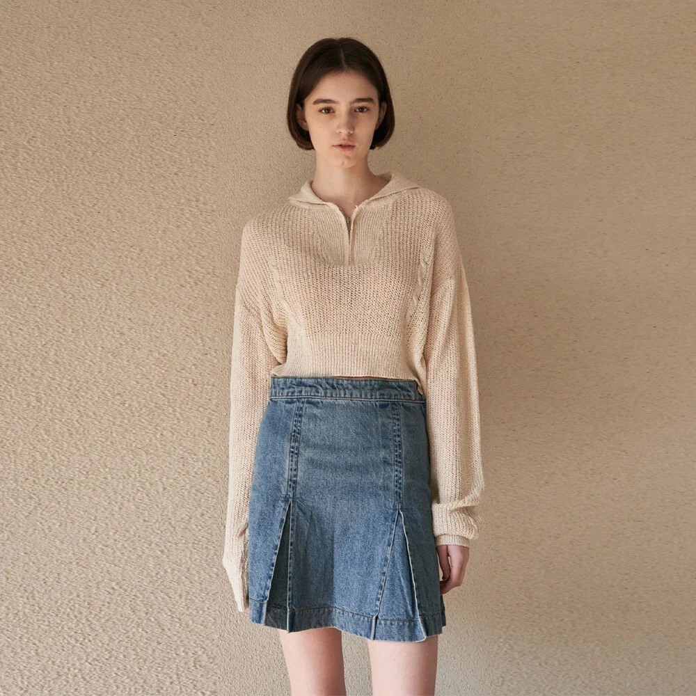Sailor collar netting zip-up knit - 3 color