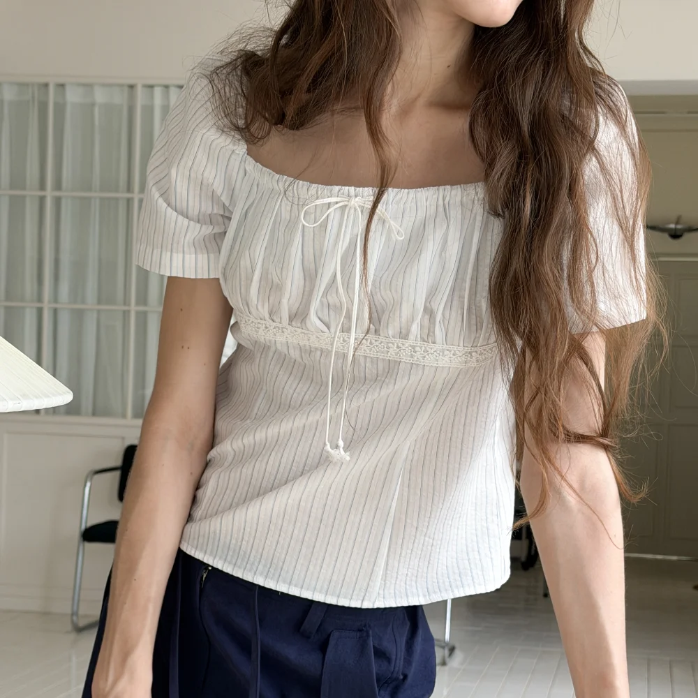 Capri Stripe Shirring Blouse (Ivory)