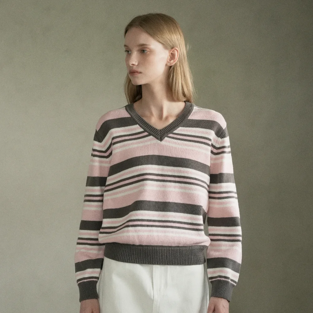 Cotton V-neck Striped Knit (charcoal)