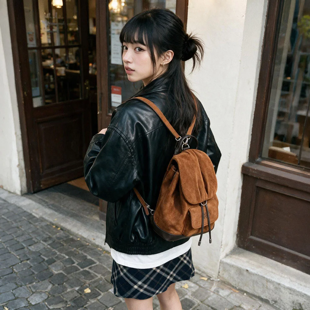 Suede shirring mini flap backpack _ Brown