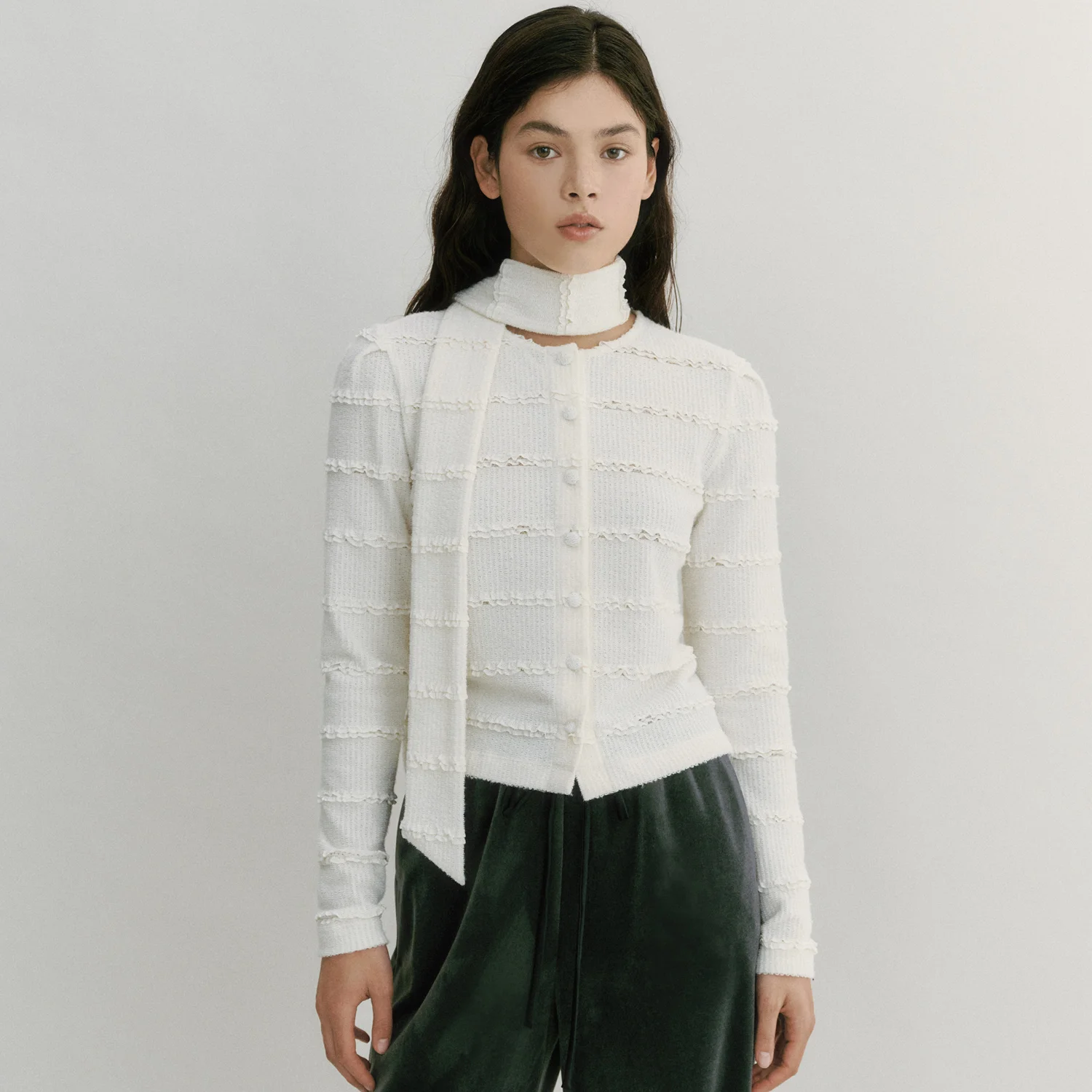 Wing Lace Tie-deco Jersey Cardigan IVORY