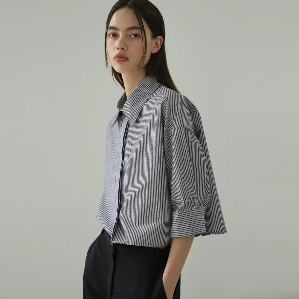(2次 再訂版) stripe crop shirt_black